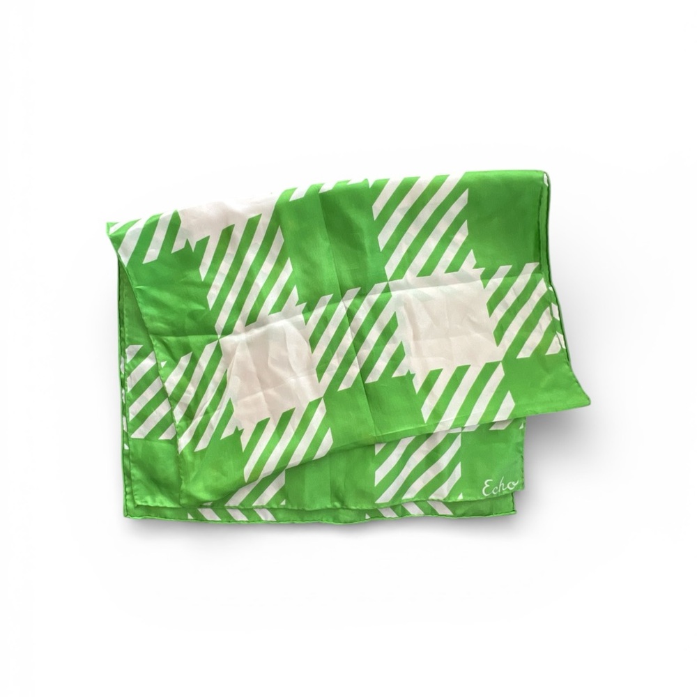 Echo green and white 100% silk checkered rectangular scarf
